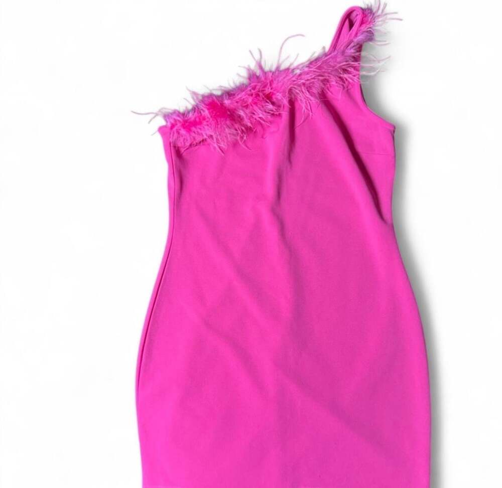 Thirty Thirty Pink One Shoulder Feather Trim Mini Cocktail Dress